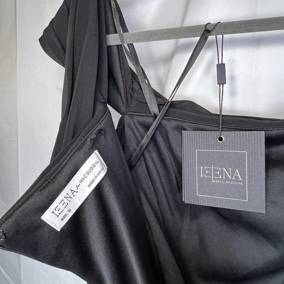 Mac Duggal Black Foldover Long Sleeve Jeweled Midi Dress One-Shoulder Long 10 - Picture 15 of 16